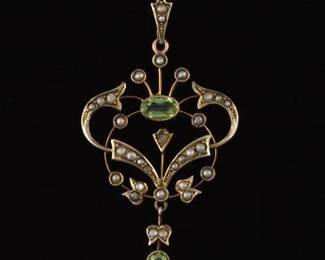 Victorian Gold, Peridot and Seed Pearl Pendant on Chain 