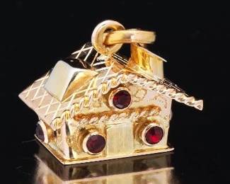 Ladies Italia Gold and Garnet House Charm Pendant 