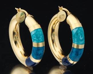 UnoAErre Pair of Italian Gold and Enamel Hoops 