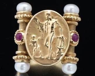 Ladies Italian Tagliamonte Style Gold, Pearl and Ruby Neo Classical Ring 