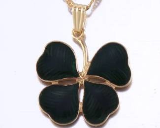 Ladies Italian Gold and Guilloche Enamel Lucky Shamrock Pendant on Chain 