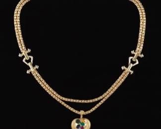 Ladies Italian Gold, Gem Stones and Diamond Heart Pendant Necklace 