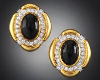 Attr. Hammerman Bros. Pair of Gold, Black Onyx and Diamond Ear Clips 