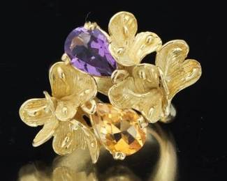 Ladies Italian Gold and Gem Stones Foliate Design Bypass Ring 