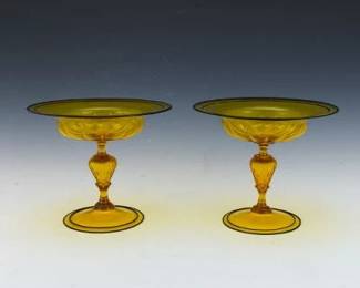 A Pair of Venetian Glass Yellow and Black Compotes 