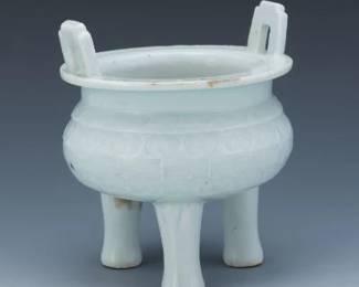 Chinese Porcelain Clair De Lune Glazed Tripod Carved Censor, Late Qing