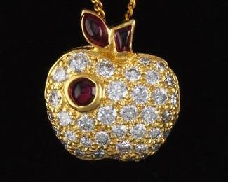 Ladies Gold, Diamond and Ruby Apple Pendant on Chain 