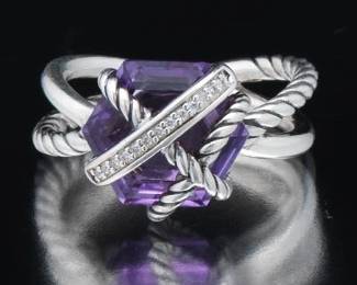 David Yurman Sterling Silver, Amethyst and Diamond Cable Wrap Ring 