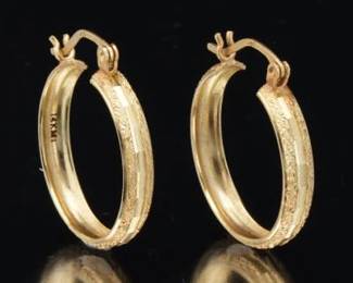 Ladies Pair of Gold Diamond Cut Design Hoops 