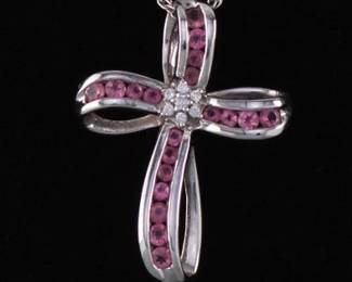 Ladies Gold, Pink Tourmaline and Diamond Cross Pendant on Chain 