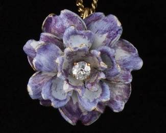 Antique Gold, Diamond and Enamel Floral Pendant on Chain 