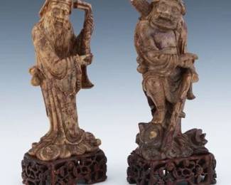 Chinese Carved Stone Two Personal Shrine Immortals Lucky Gods, on Stands