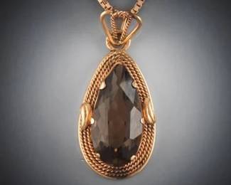 Ladies Mid Century Gold and Smoky Quartz Pendant on Chain 