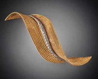 Retro Gold and Diamond Ribbon Brooch 