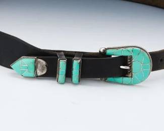 Leather Belt with Sanford Diane Cooche Zuni Turquoise Belt Buckle