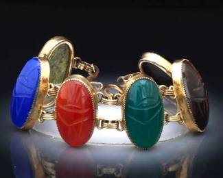 Ladies Vintage Gold Filled and Large Gem Stones Scarabs Bracelet 