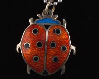 Ladies Sterling Silver and Enamels Ladybug Pendant on Chain 