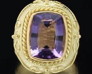 Ladies Gold and Amethyst Etruscan Revival Style Ruing 
