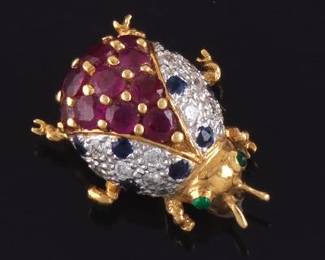 LeVian Gold, Diamond, Ruby, Blue Sapphire and Emerald Ladybug Pin Brooch 