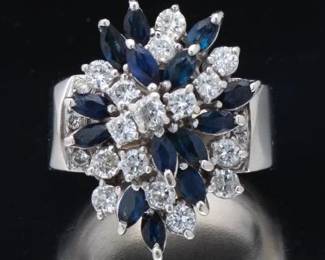 Ladies Gold, Blue sapphire and Diamond Cluster Ring 
