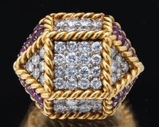 Ladies TwoTone Gold, Diamond and Ruby Fashion Ring 