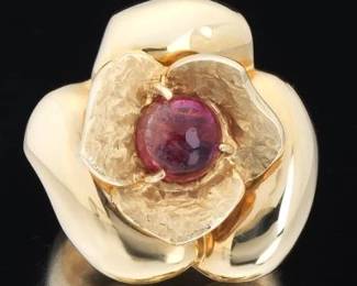 Ladies Italian Gold and Ruby Floral Design Ring 