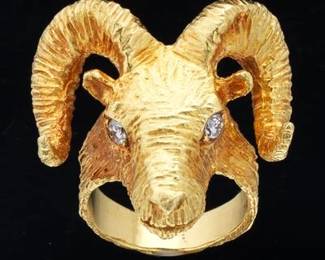 Custom Made 18k Gold and Diamond Ram Head Ring 