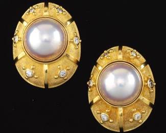Ladies Pair of Renaissance Revival Style Gold, Mabe Pearl and Diamond Earrings 