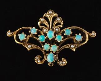Victorian Style Gold, Opal, and Pearl Brooch 