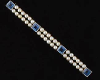 Ladies Edwardian Style Gold, Blue Sapphire and Seed Pearl Bar Pin 