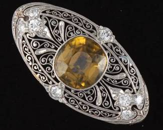 Tiffany Co. Retro Gold, Diamond and YellowGreenish Zircon Pin Brooch 
