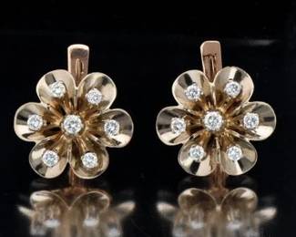 Ladies Pair of TwoTone Gold and Diamond Floral Design Earrings 