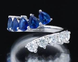 Ladies Gold, Blue Sapphire and Diamond Bypass Ring 