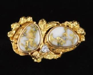 Wachler 18K Gold, Gold Quartz and Diamond Pin Brooch 