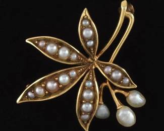 Ladies Art Nouveau Gold and Seed Pearl Foliate Pin Brooch 