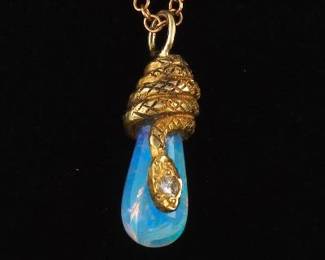 Ladies Antique Gold, Diamond and Opal Serpent Pendant on Chain 