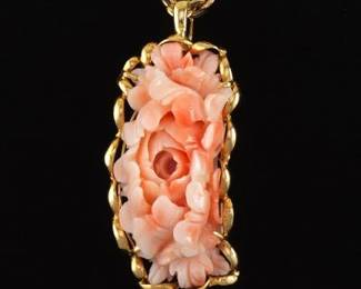Carved Coral Flower Pendant on Chain 
