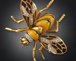 Spectacular 18K Italian Gold, PliqueaJour Enamels and Diamond Oversized Queen Bee Pin Brooch 