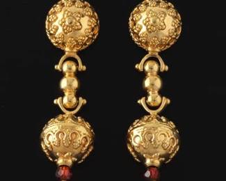 GRAZIELLA Pair of Italian Gold and Garnet Etruscan Revival Style Earrings 