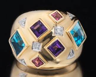 Ladies Gold, Gem Stones and Diamond Dome Ring 