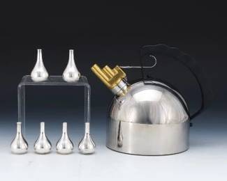 Alessi Italian Chrome Brass Whistling Tea Kettle and Candlesticks