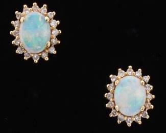 Ladies Pair of Gold, Opal and Diamond Ear Studs 