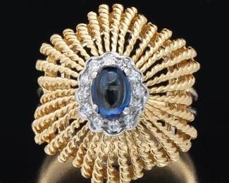 Ladies Tiffany Style Gold, Blue Sapphire and Diamond Ring 