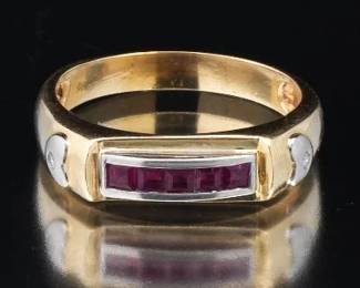 Gold, Synthetic Ruby and Diamond Ring 
