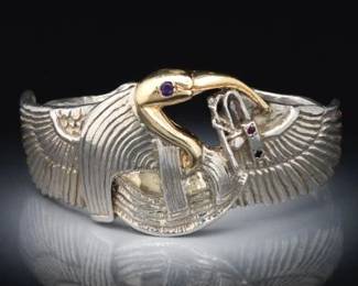 Vintage Egyptian Style Sterling Silver and Gold Cuff Bracelet 