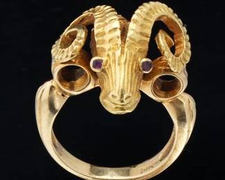 Ladies Etruscan Revival Gold and Ruby Ram Head Ring 