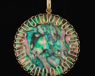 Ladies Italian Gold, Abalone and Black Onyx Large Pendant 