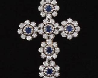 Ladies Gold, Blue Sapphire and Diamond Cross 