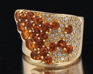 Ladies Gold, Diamond and Amber Citrine Wide Abstract Ring 
