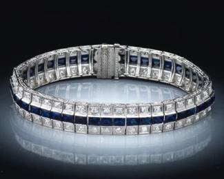 Ladies Art Deco VD  SC Gold, Blue Sapphire and Diamond Bracelet 